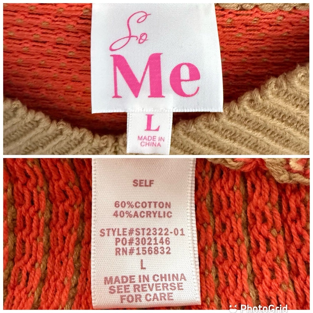 So Me Oversized V-neck Two Toned Textured Sweater Orange Boho Fall Women's Large - Picture 11 of 11